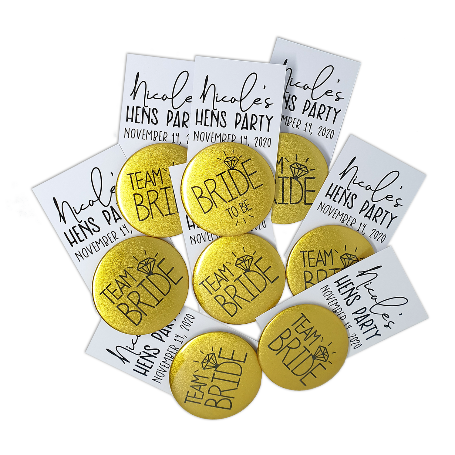 Team Bride Badges with a Personalised Backing Card