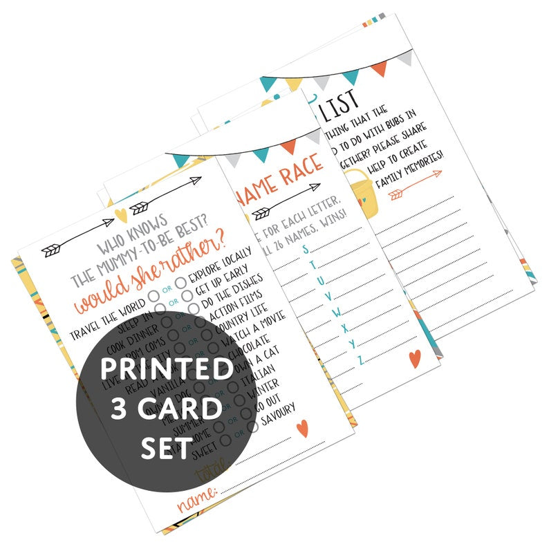 3 x Baby Shower Games Bundle (5 Player Pack. 3 Games = 15 Cards) | Baby Bucket List | Would She Rather? | Baby Name Race