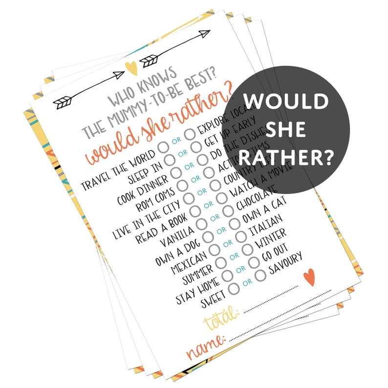 3 x Baby Shower Games Bundle (5 Player Pack. 3 Games = 15 Cards) | Baby Bucket List | Would She Rather? | Baby Name Race