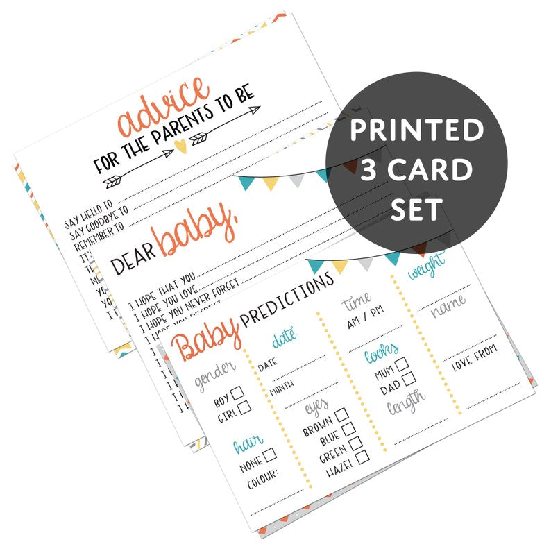 3 x Baby Shower Games Bundle (5 Player Pack. 3 Games = 15 Cards) | Baby Predictions | Advice to the Parents | Dear Baby Wishes